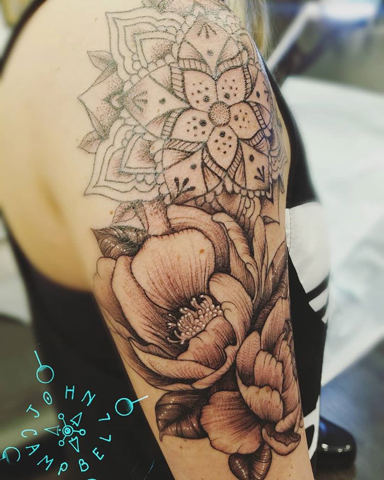 Tattoo of Peony Flowers done by Tattoo Artist John Campbell in Durham, North Carolina at Sacred Mandala Studio.